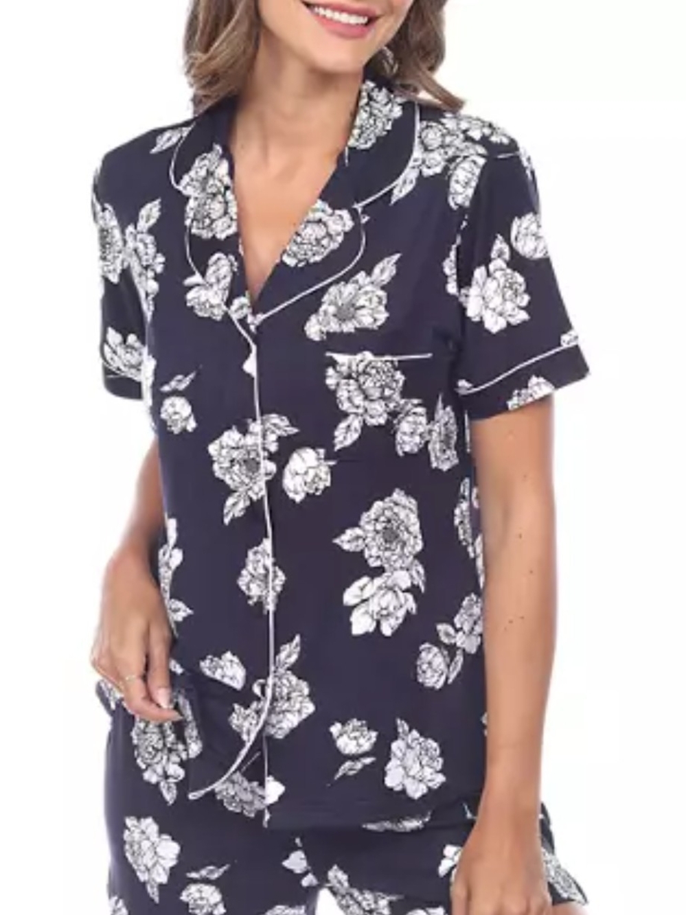Floral Short Sleeve Soft Pajama Set in Navy and White Size Med